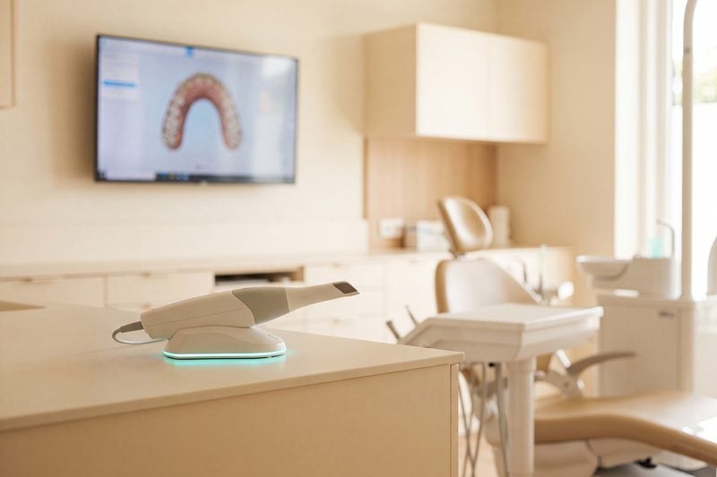 Cabinet équipé d'un scanner intra-oral, empreinte numérique affichée à l'écran